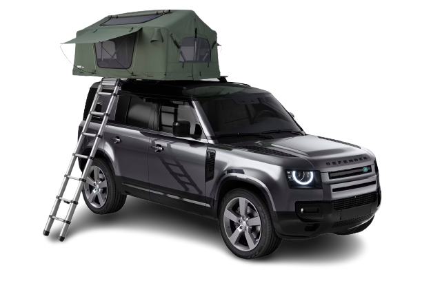 Black SUV with ladder and roof tent